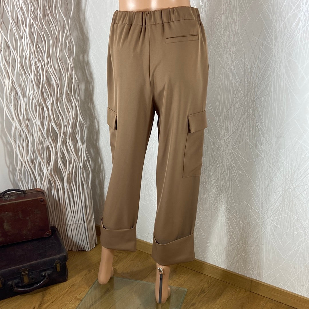 Pantalon femme brun camel 7/8 taille haute élastique coupe droite Johanna