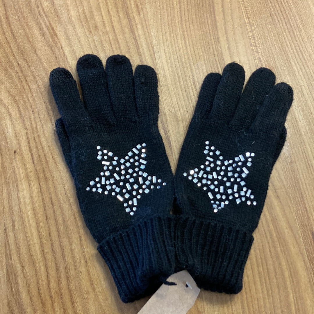 Gants chaud en tricot noir avec laine strass en forme d'étoile