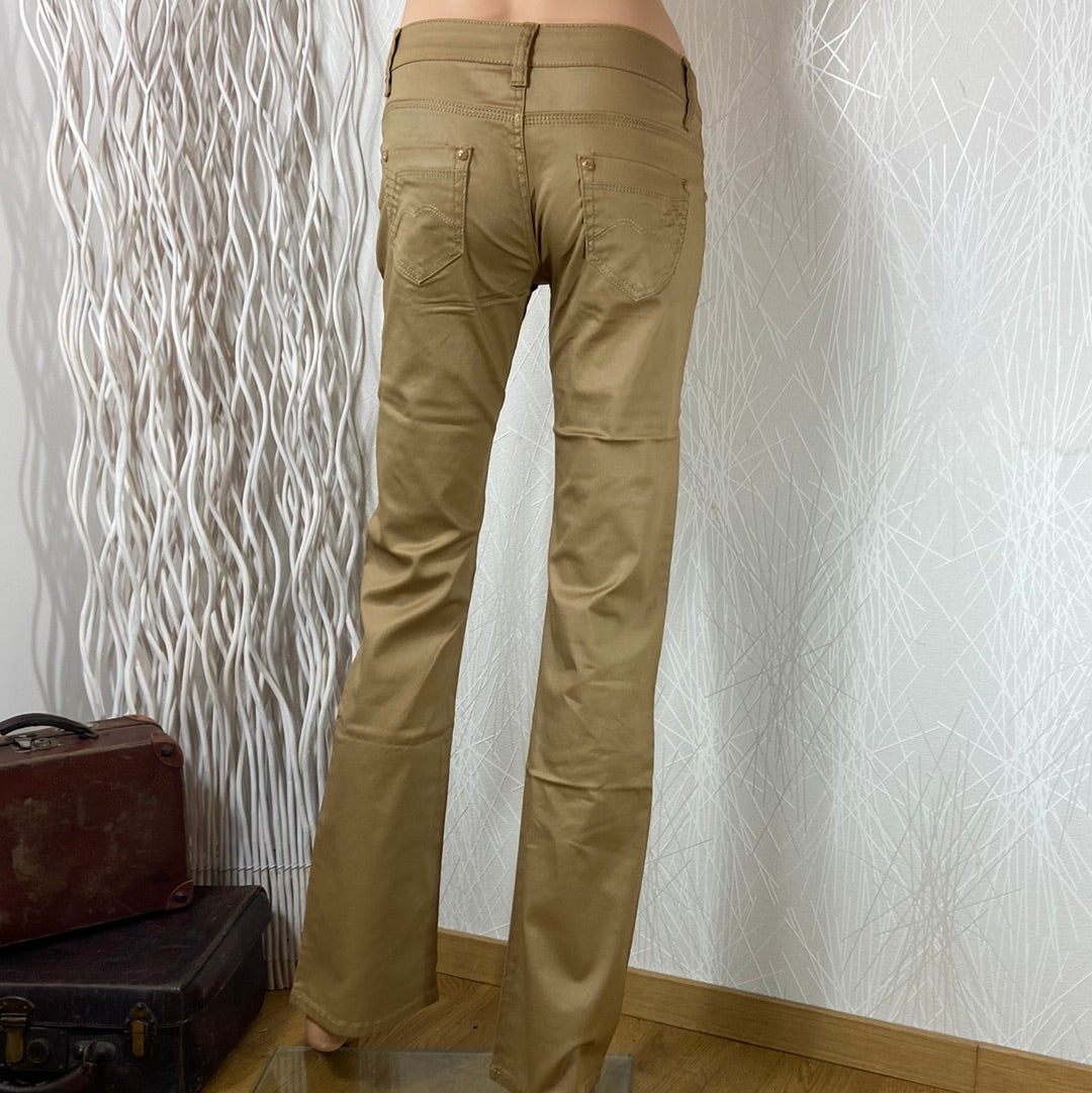 Pantalon coton enduit couleur camel taille normale jambes évasées Just One