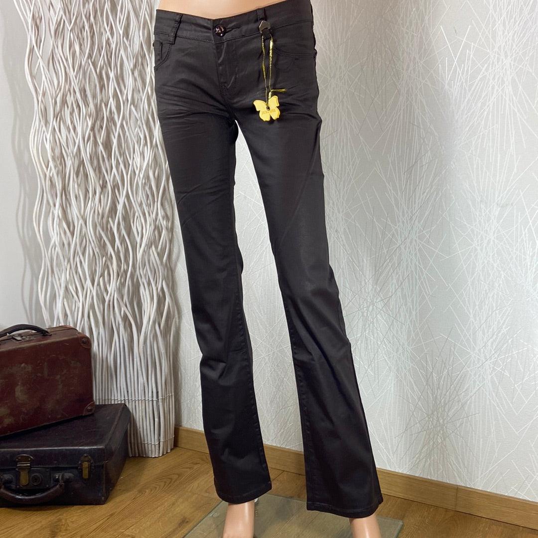 Pantalon coton enduit couleur marron taille normale jambes évasées Just One - Offre-Unique