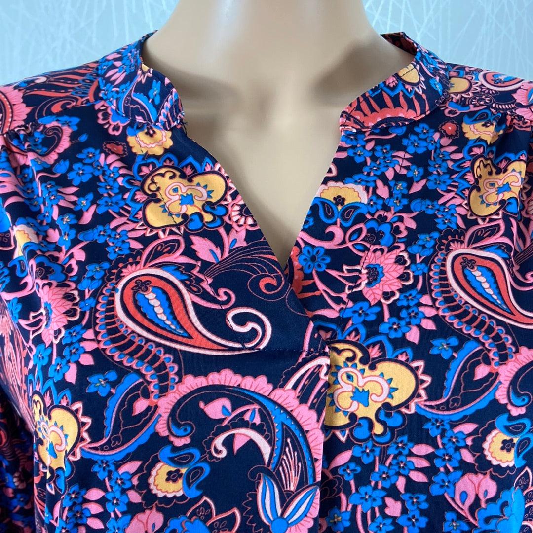 Blouse fluide col V plis motifs cachemire bleu rose Le Singe de Julie - Offre-Unique