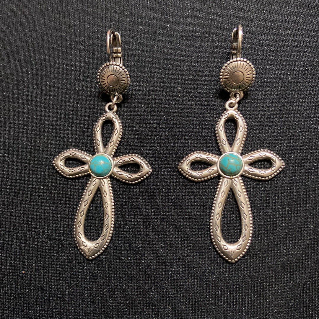 Boucles d’oreilles dormeuses pendantes plaqué argent pierre bleu turquoise Shabada