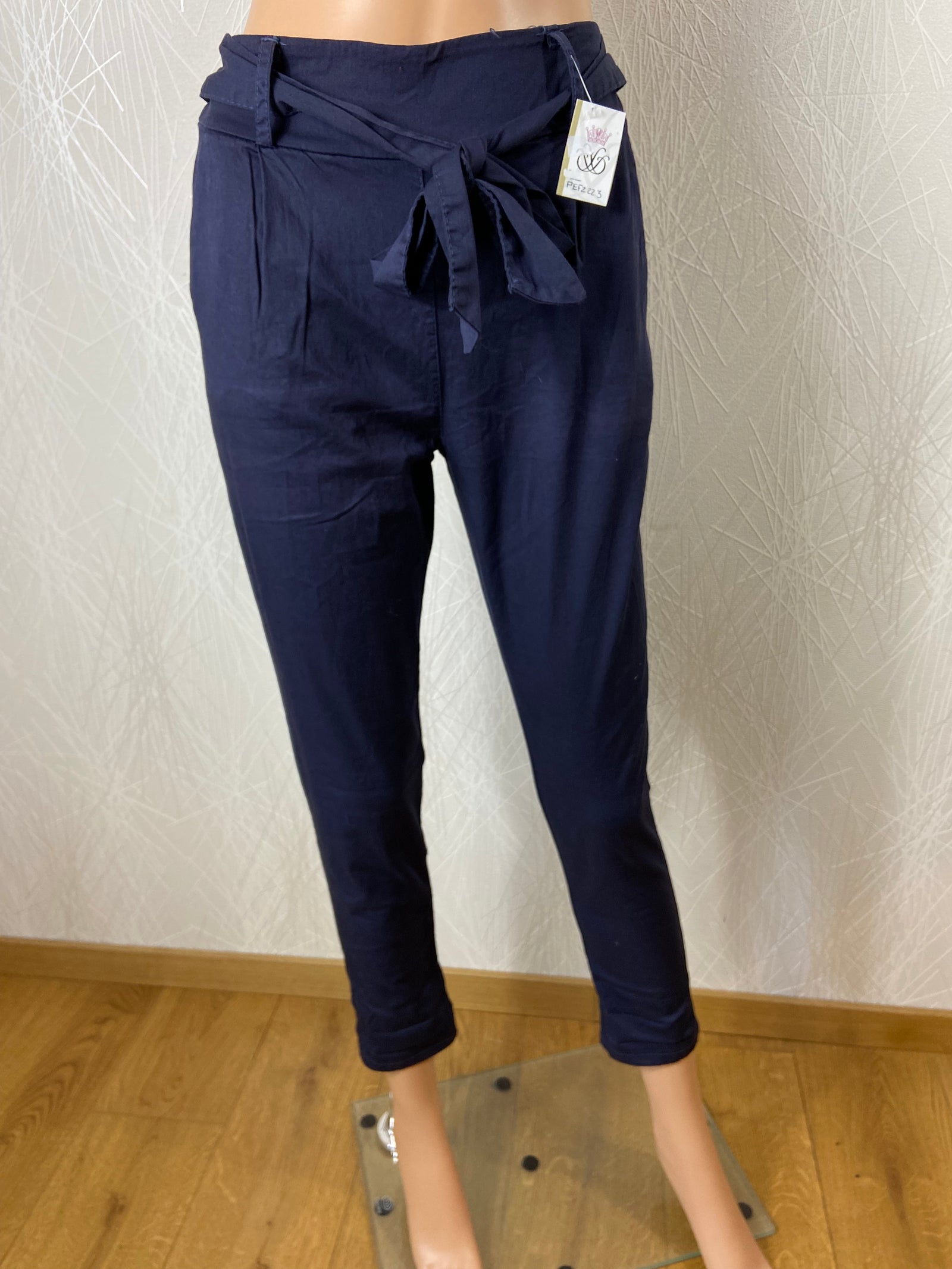 Pantalon coton léger bleu marine taille mi-haute élastique flot Made In Italy