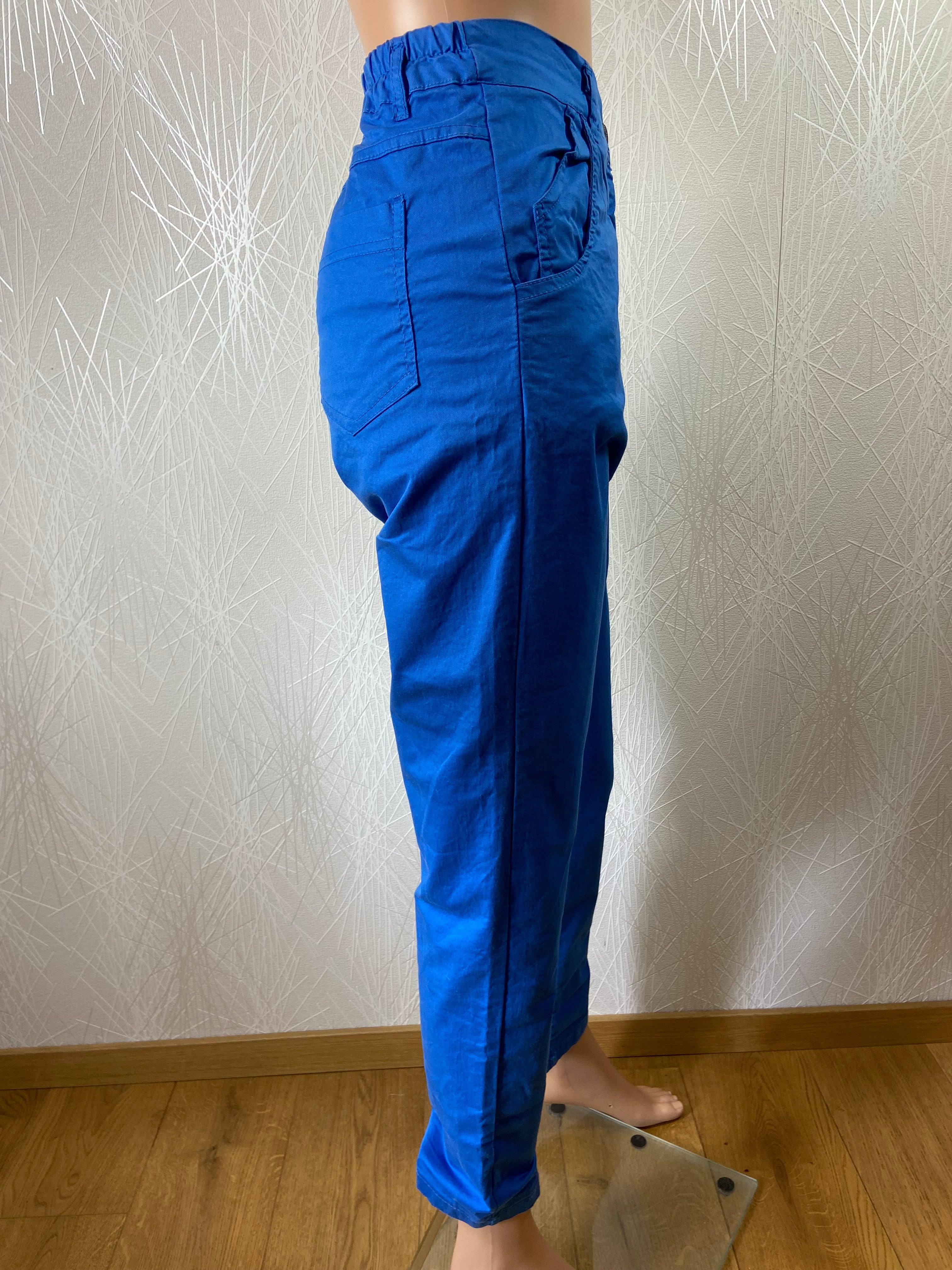 Pantalon léger coton stretch bleu taille haute élastique au dos Terra Di Siena