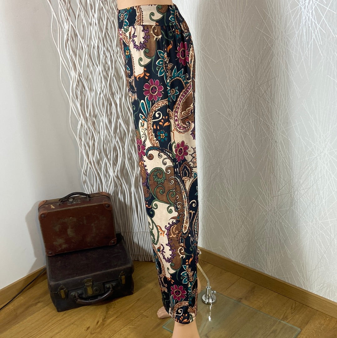 Pantalon léger fluide avec fleurs multicolores taille élastique jambes larges Made In Italy