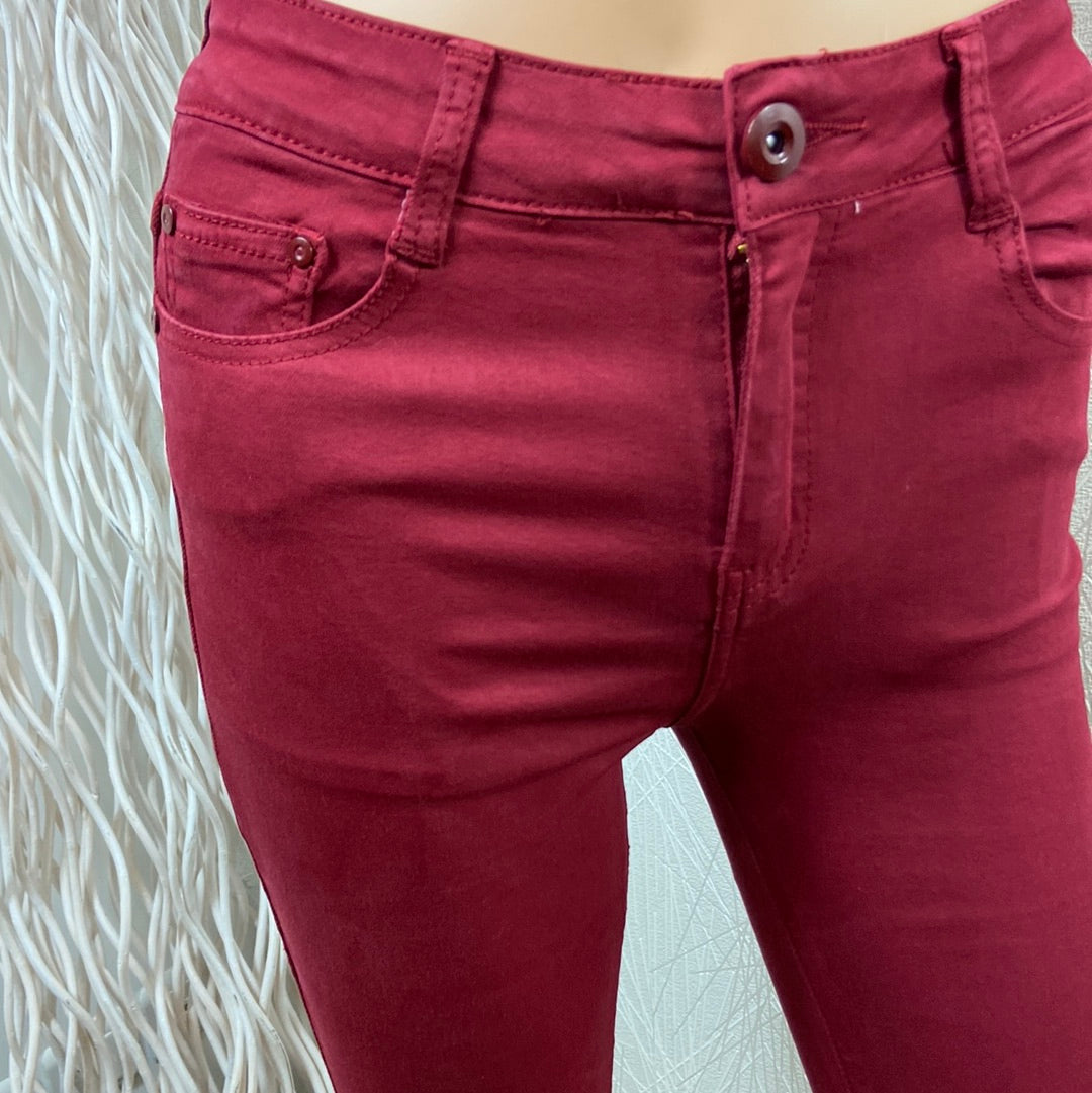 Jeans slim coton stretch taille haute rouge bordeaux I Dodo