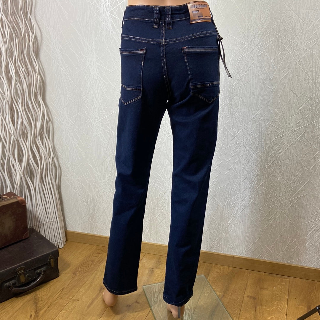 Jeans femme denim bleu foncé couture constrastée taille mi-haute Leggendario