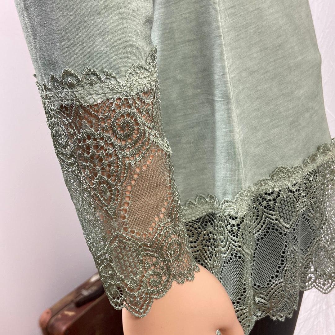 T-shirt dentelle manches longues col V vert kaki - Taille Unique - Offre-Unique