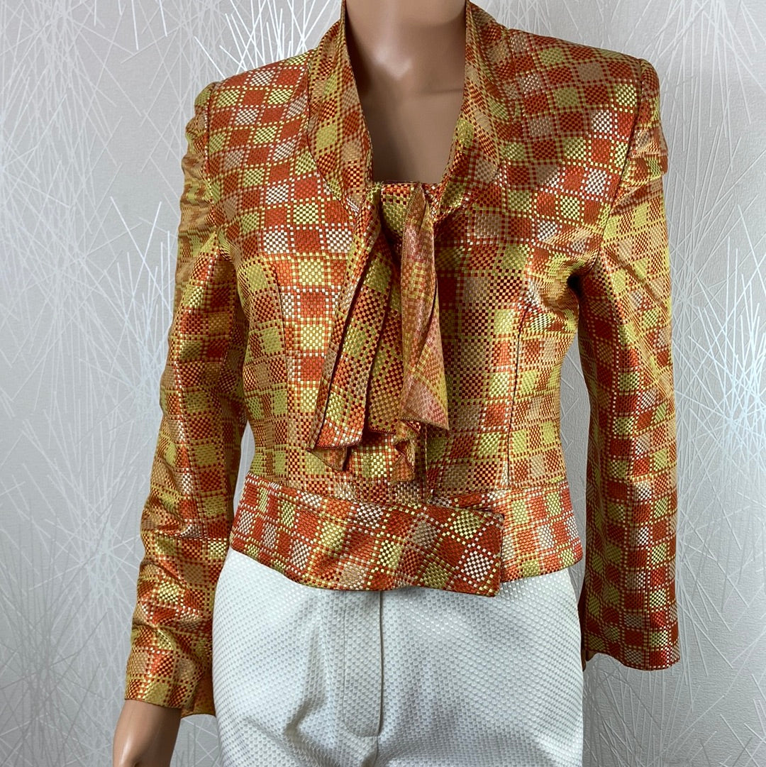 Blazer de créateur doublé en soie motifs carreaux tons orangés Tabala Paris - Offre-Unique