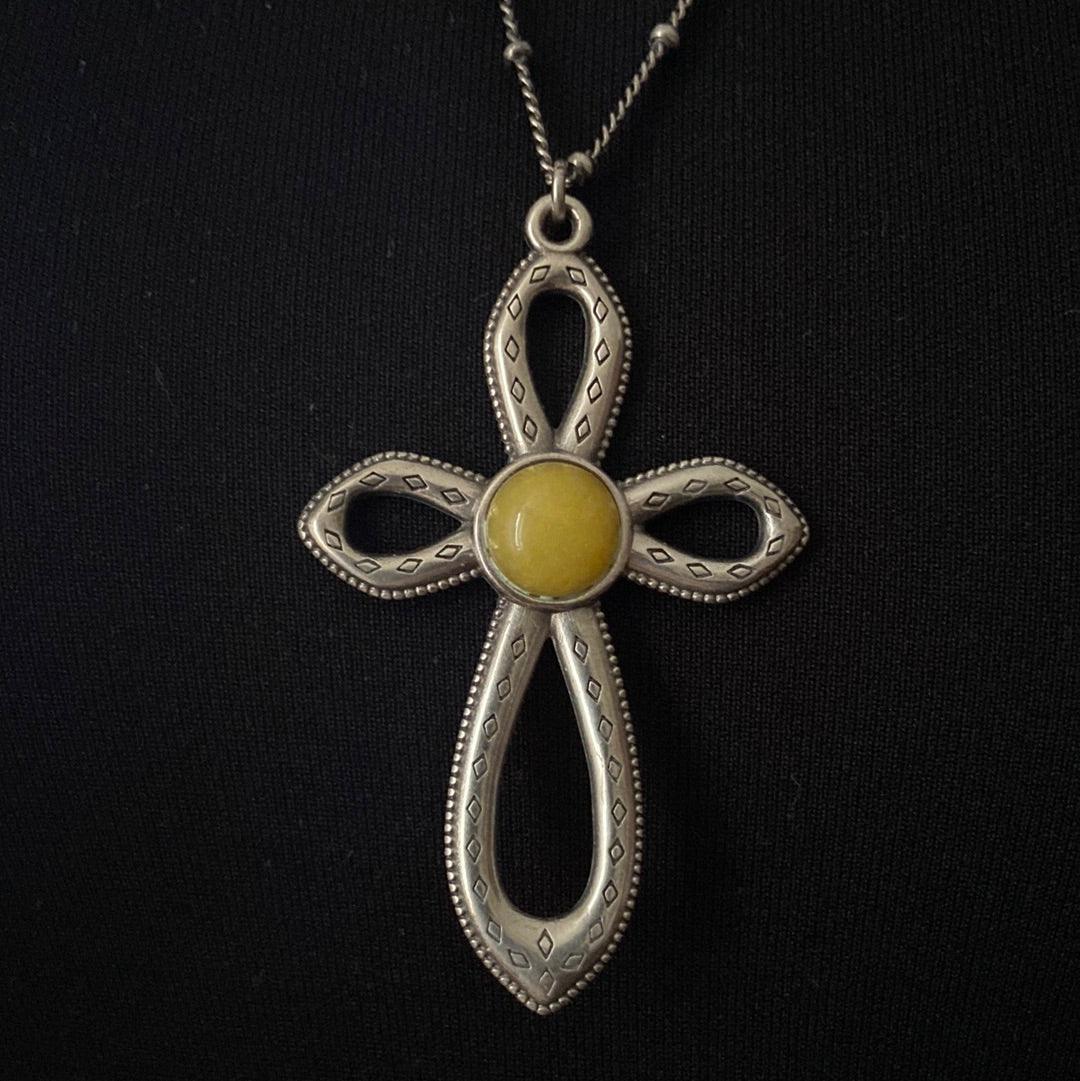 Collier long pendentif croix plaqué argent pierre semi précieuse jaune Shabada - Offre-Unique