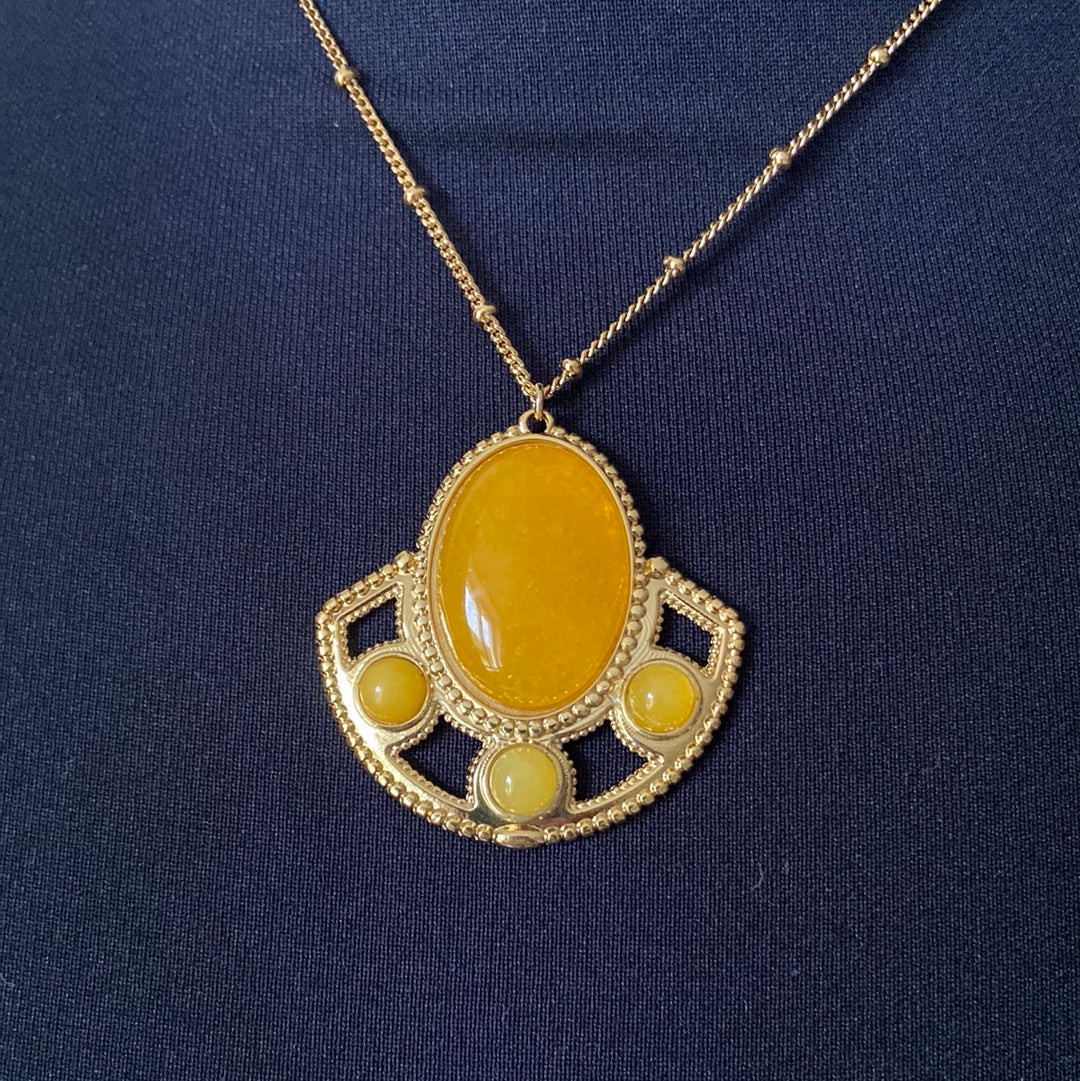 Collier pendentif plaqué or pierres semi-précieuses jaune orange Shabada