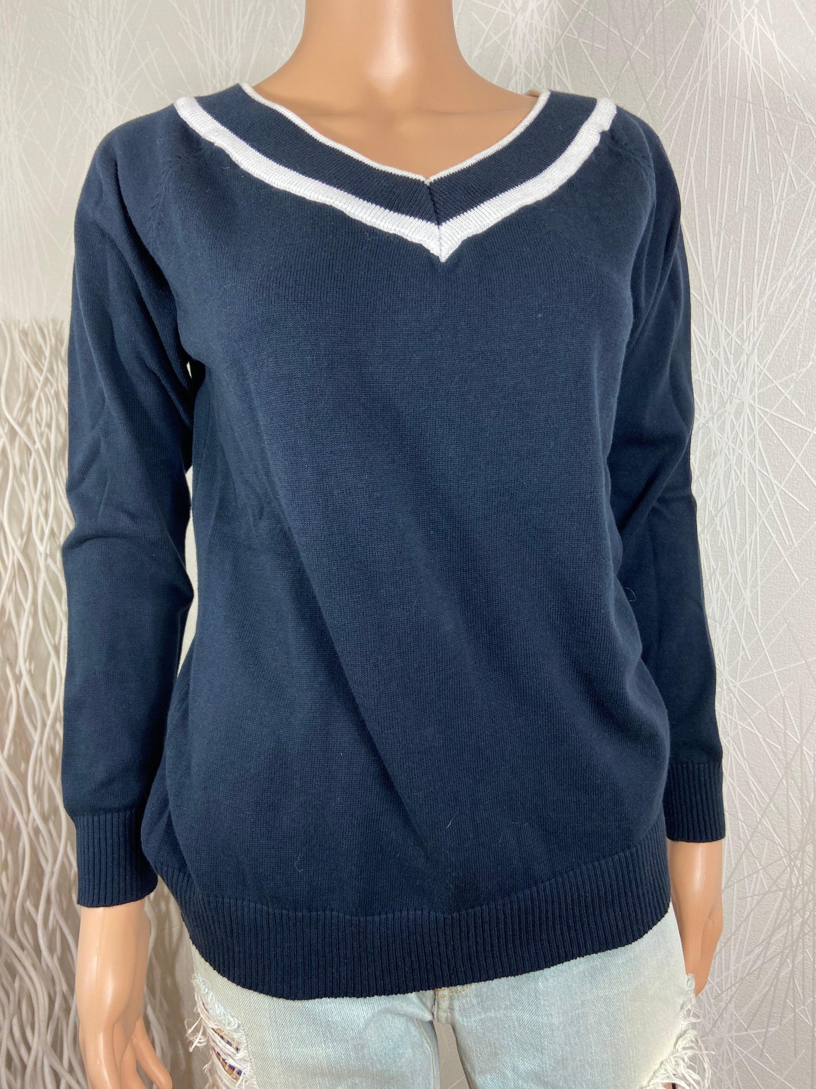 Pullover coton bleu marine col V modèle Imandra Rue de la Marine - Offre-Unique