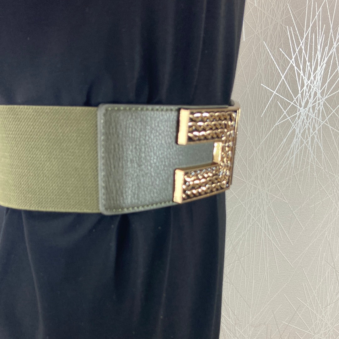 Ceinture femme large élastique kaki avec boucle dorée