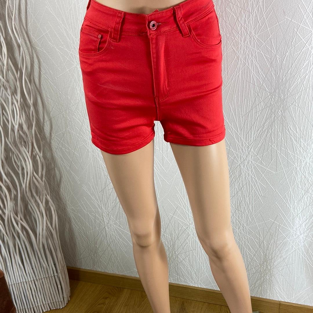 Short femme coton rouge taille haute stretch Sarah John - Offre-Unique