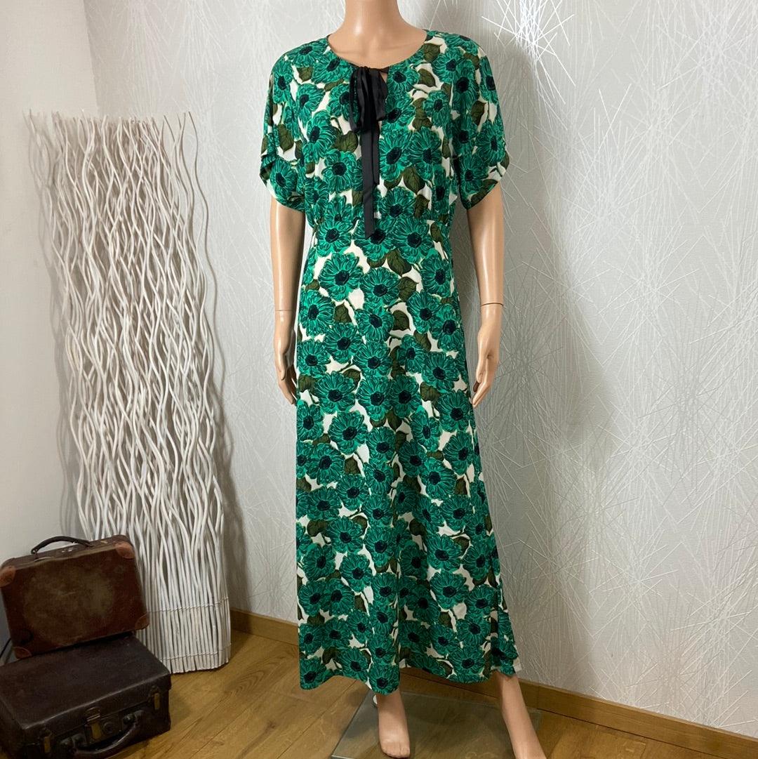 Robe longue verte fleurs motif vintage manches courtes Lenu Dress Traffic People - Offre-Unique