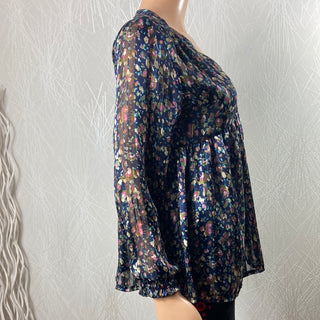 Blouse bleu marine motifs fleuris col V Les Petites Fleurs