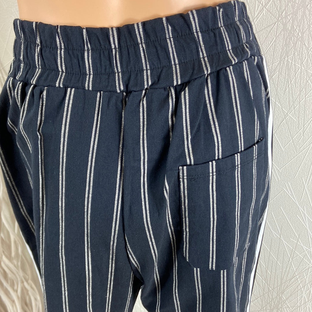 Pantalon femme tissu bleu rayé taille haute élastique cordon Uniplay