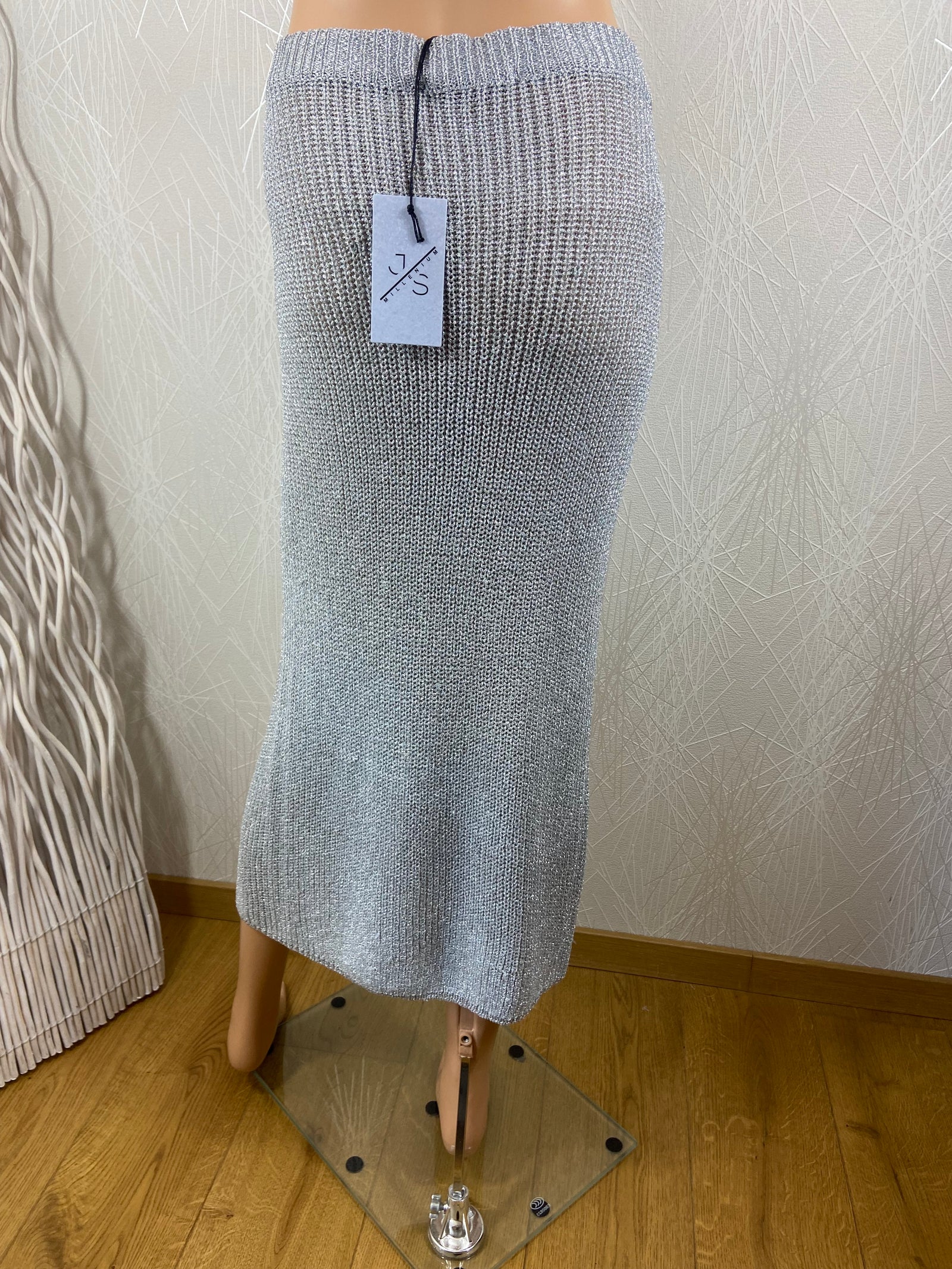 Jupe longue gris métal coupe fendue en portefeuille sexy JS Millenium.