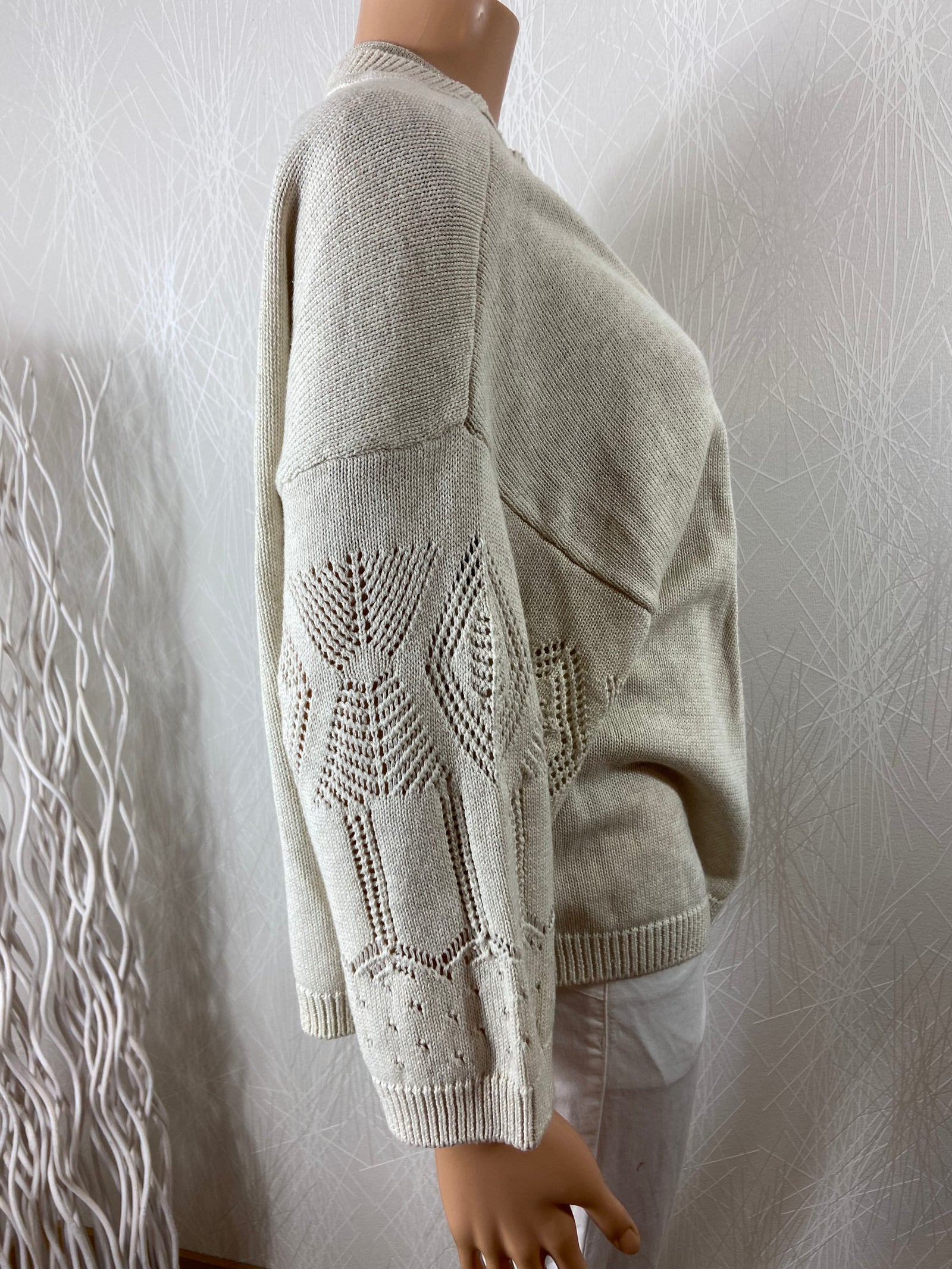 Gilet beige chiné 100% coton manches 3/4 dentelle C'est Beau La Vie