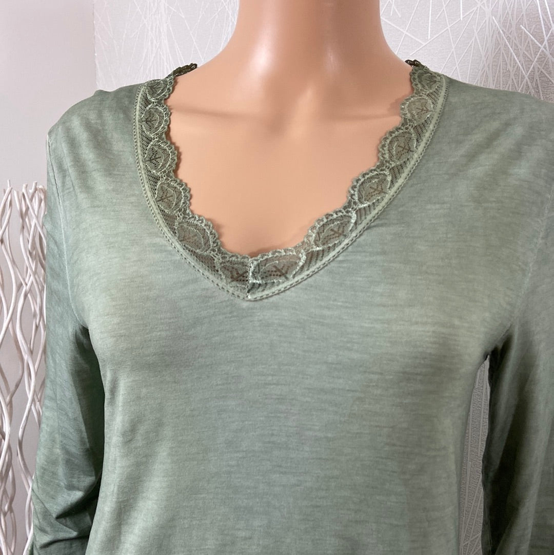 T-shirt dentelle manches longues col V vert kaki - Taille Unique