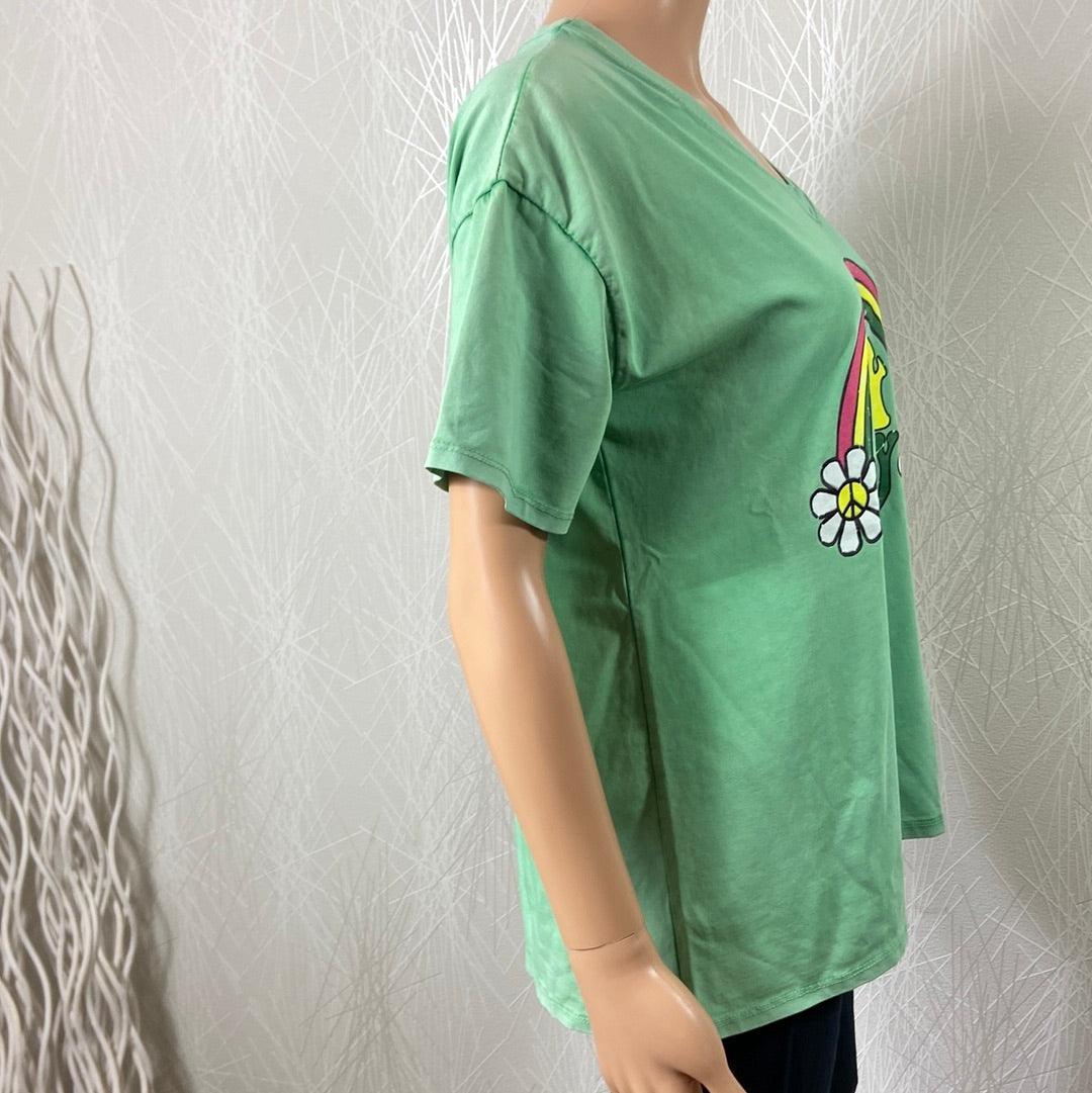 T-shirt coton vert style vintage 70's manches courtes col V Les Impatientes - Offre-Unique