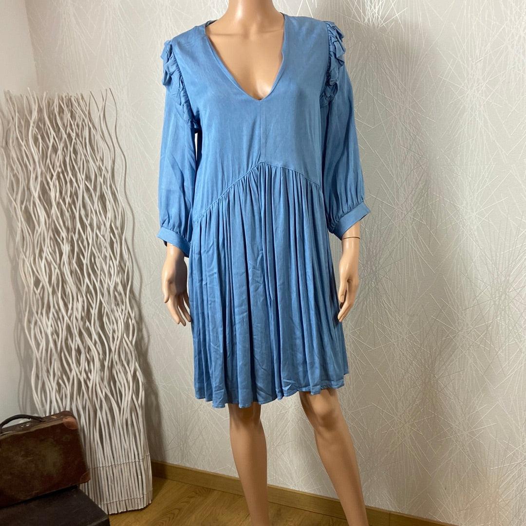 Robe bleue courte plis manches longues col V Edwige Vintage Love - Offre-Unique