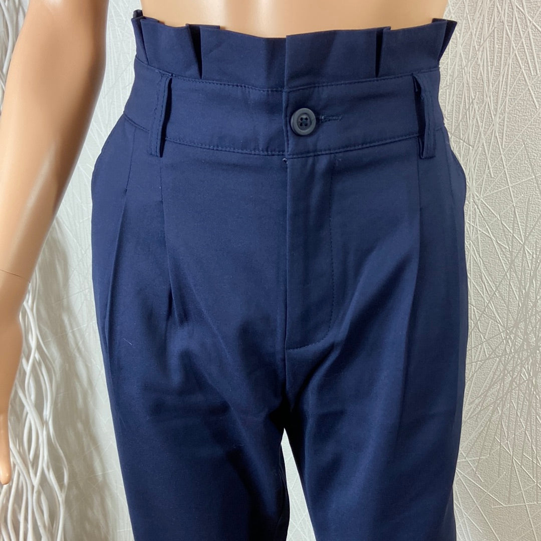 Pantalon femme 7/8 bleu marine taille haute jeu de plis Anna Ellis - Offre-Unique