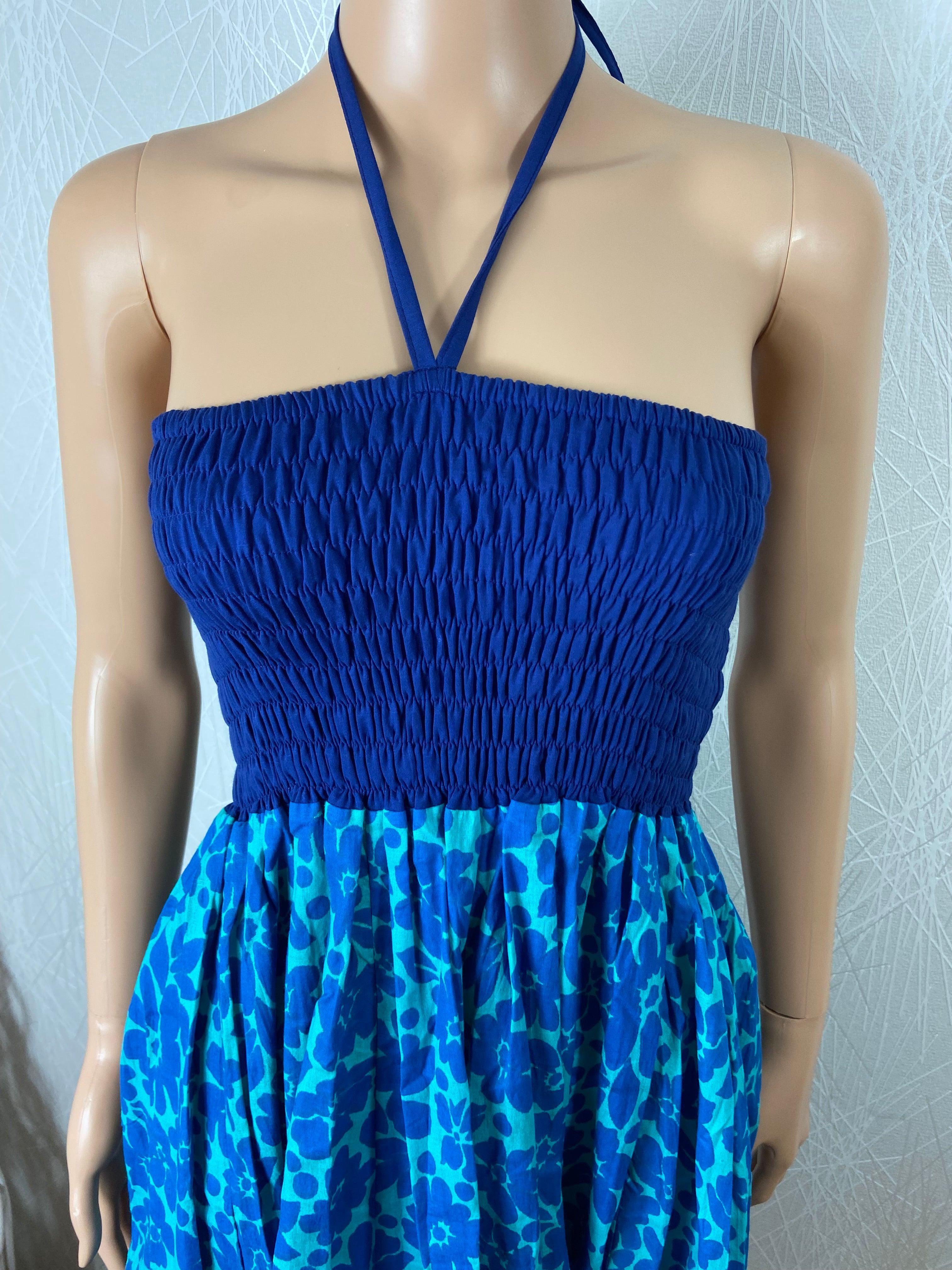 Robe bleue coton bandeau smocks plis cordon Namaste - Offre-Unique