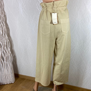 Jeans femme coton beige 7/8 taille haute jambes larges Dixie