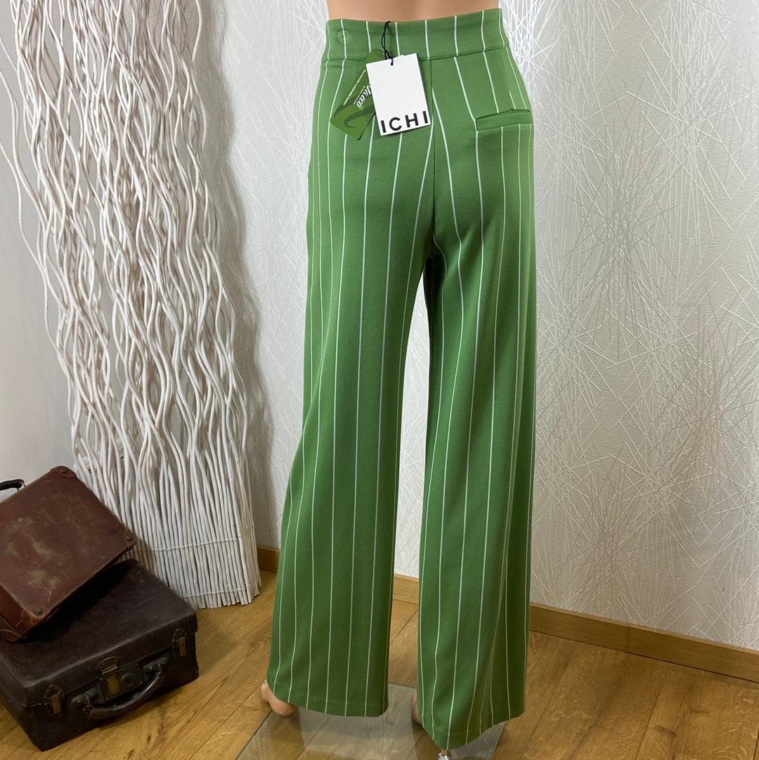 Pantalon femme vert rayé taille haute coupe ample Ihruti Wide Ichi - Offre-Unique