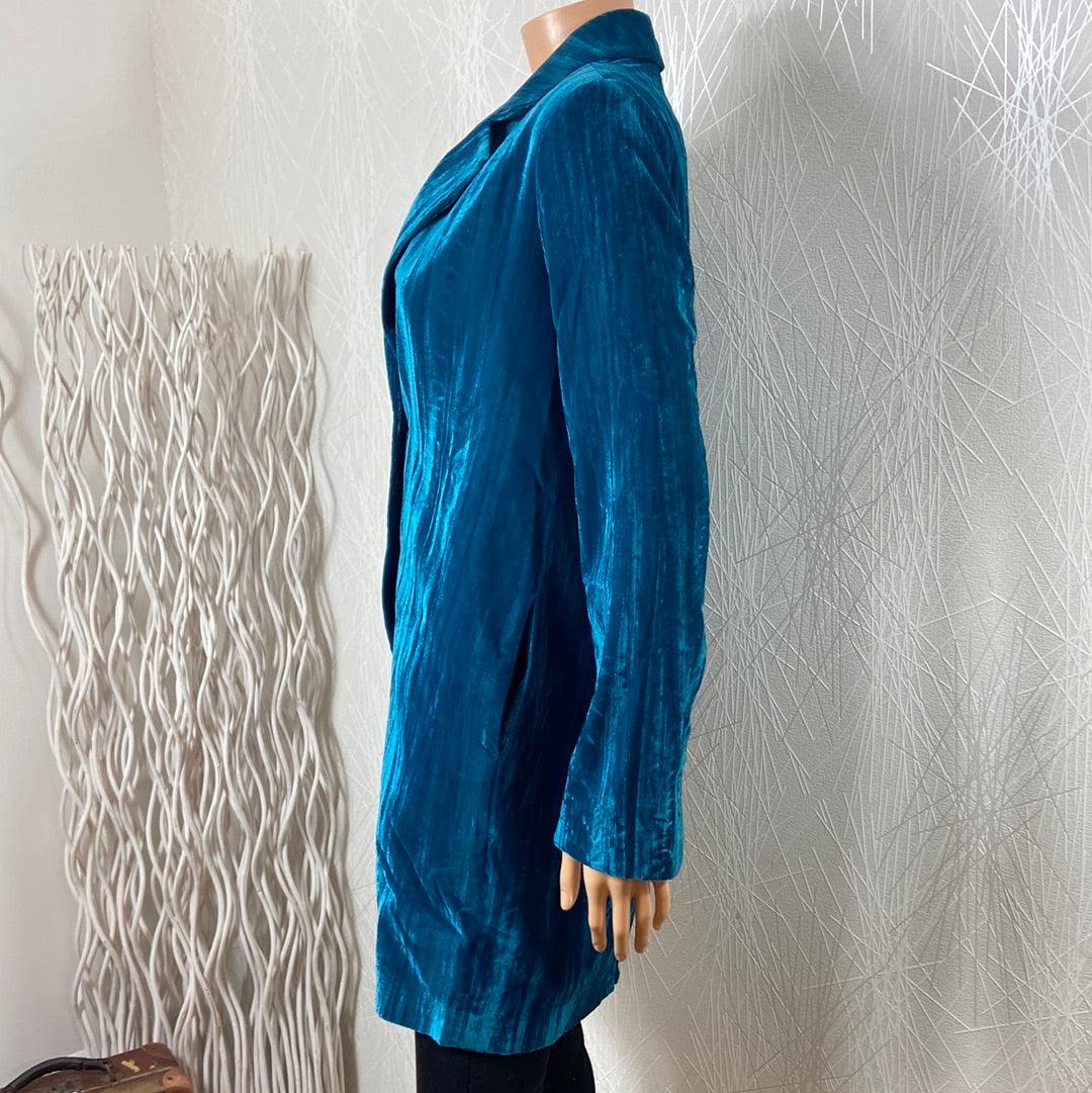 Veste longue femme velours satiné bleu pétrole Surkana - Offre-Unique