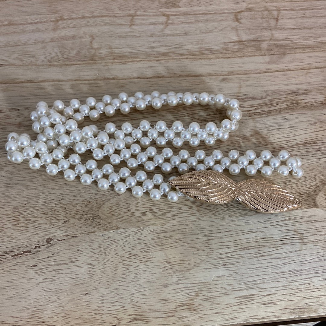 Ceinture élastique femme en perles et boucle en forme de feuille dorée