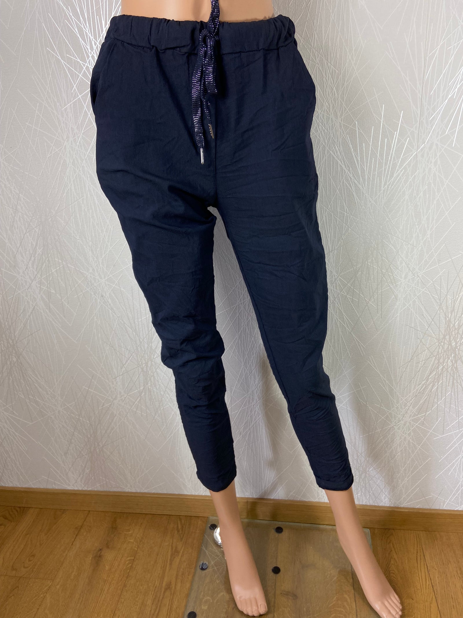 Pantalon bleu marine taille haute élastique cordon Made In Italy