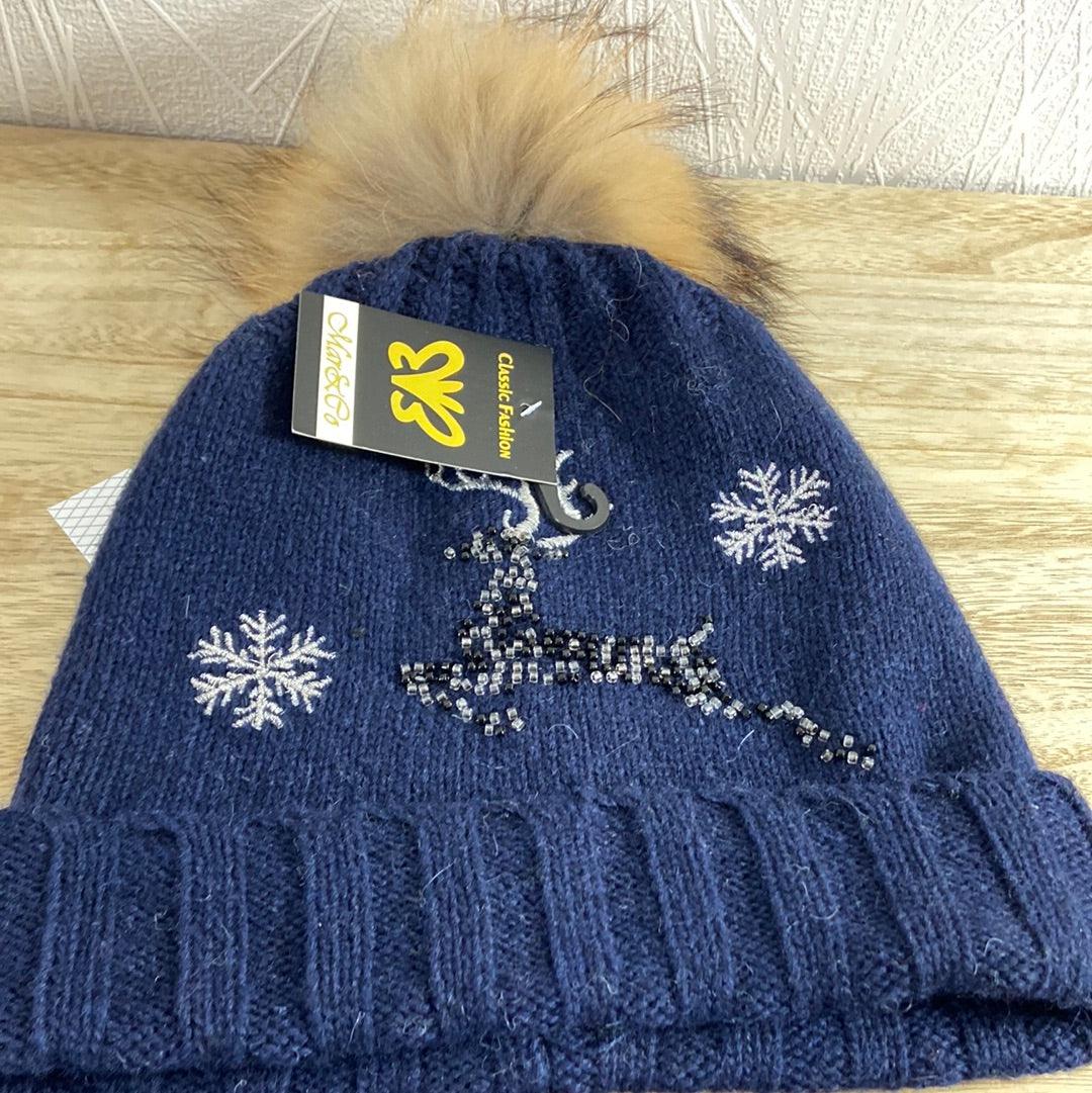 Bonnet chaud tricot laine bleu marine avec perles et pompon - Offre-Unique