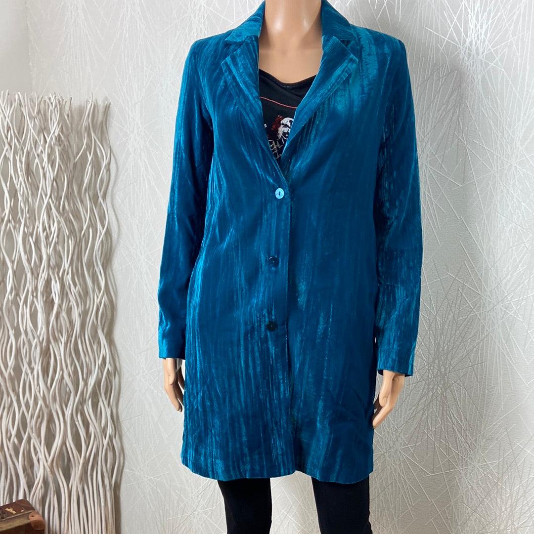 Veste longue femme velours satiné bleu pétrole Surkana - Offre-Unique