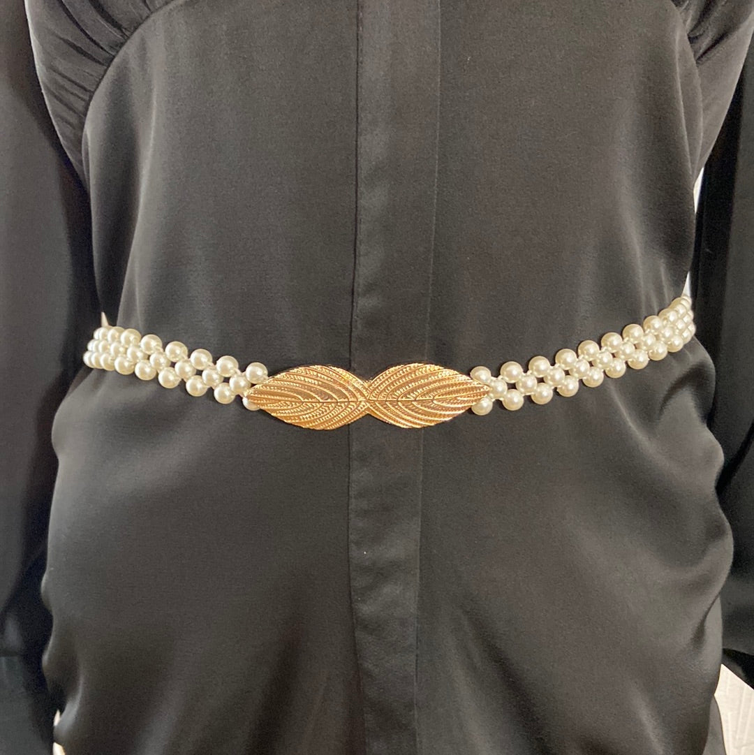 Ceinture élastique femme en perles et boucle en forme de feuille dorée