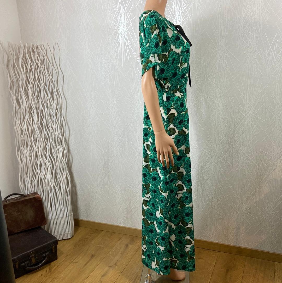 Robe longue verte fleurs motif vintage manches courtes Lenu Dress Traffic People - Offre-Unique