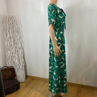 Robe longue verte fleurs motif vintage manches courtes Lenu Dress Traffic People