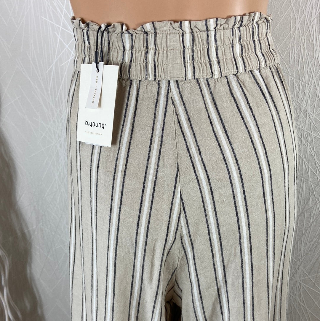 Pantalon lin beige rayé fluide taille haute élastique Byfalakka Pants B.Young - Offre-Unique