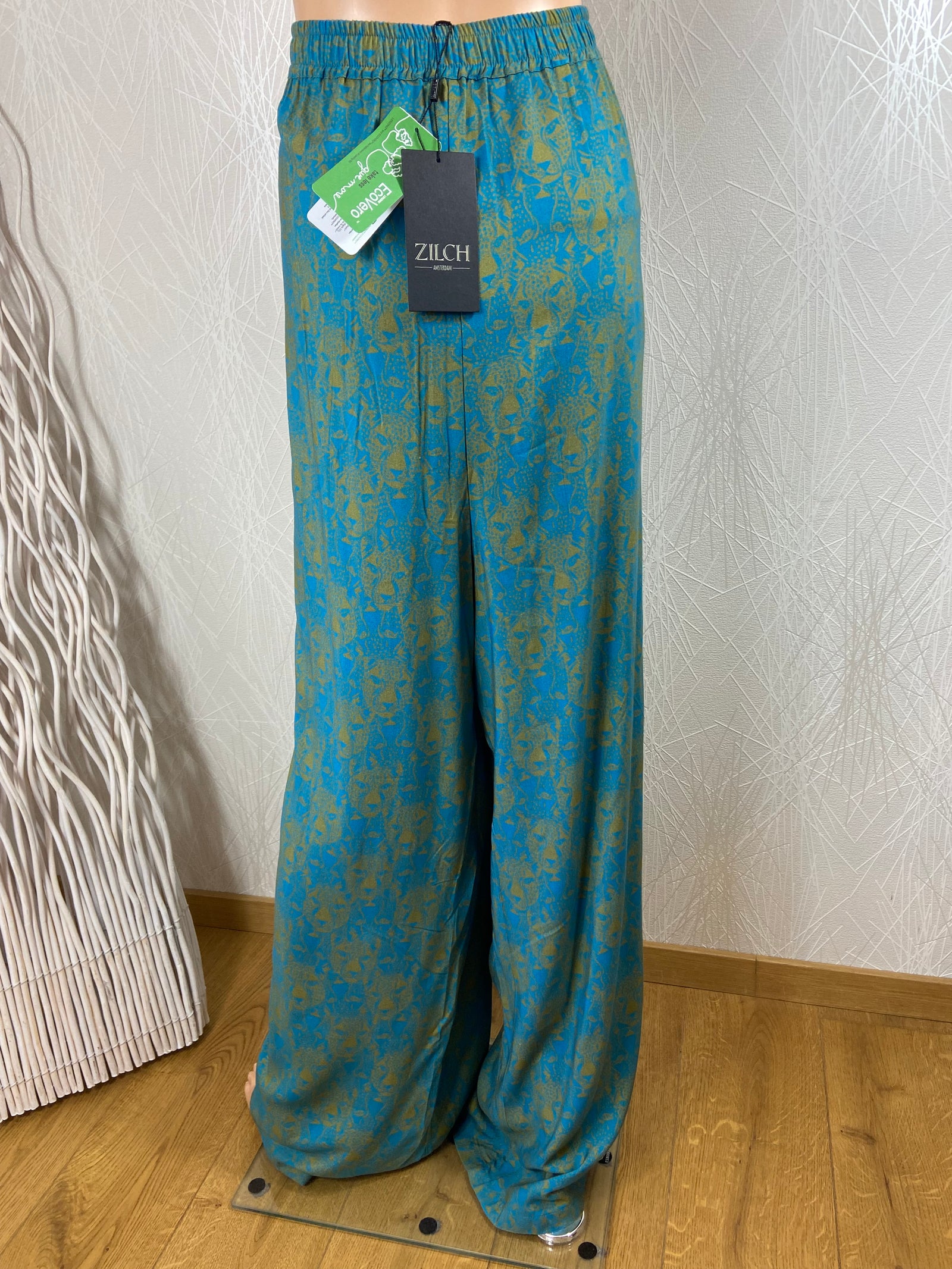Pantalon bleu turquoise fluide ample motifs dorés taille élastique Zilch 