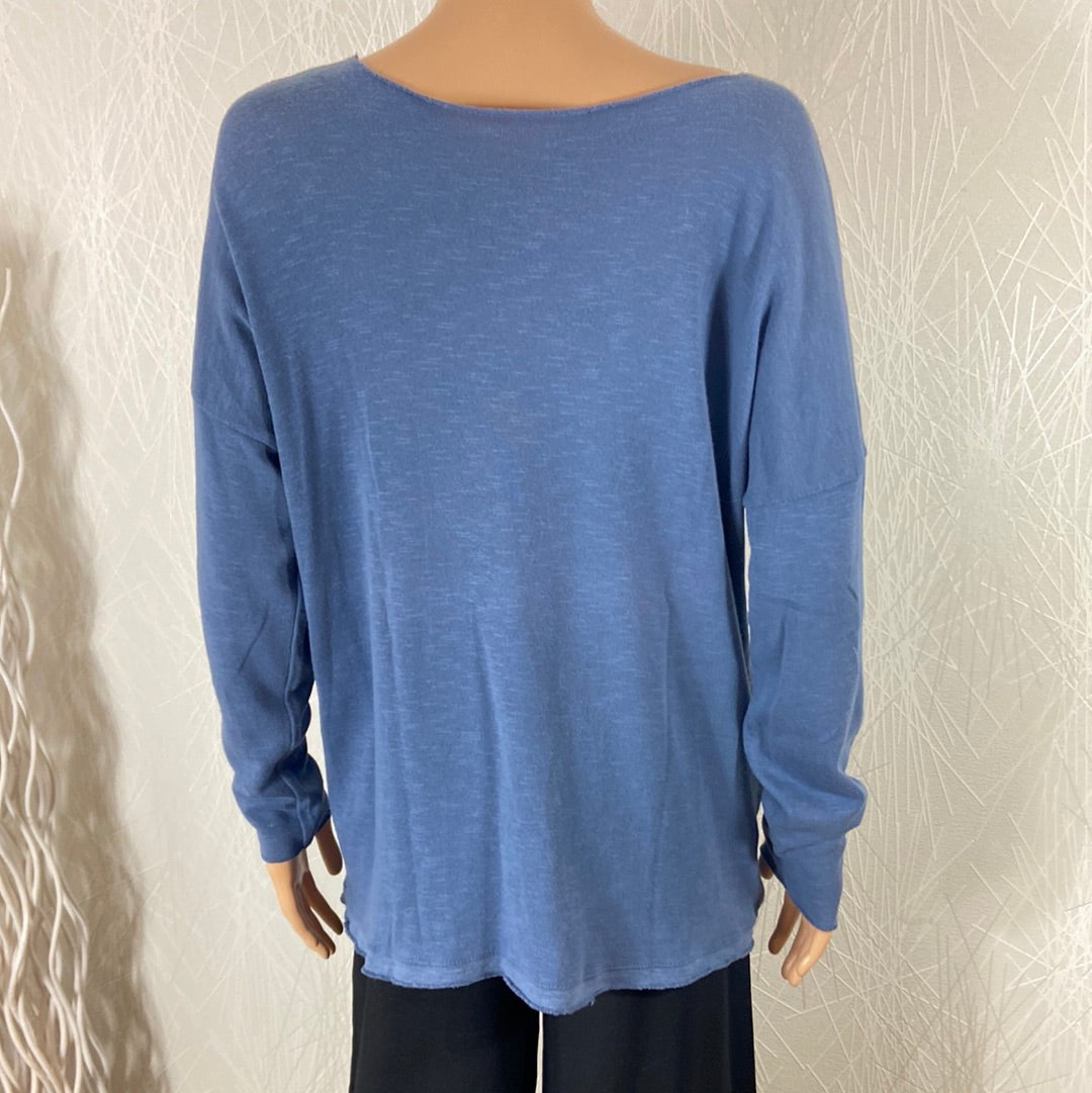 Pullover femme coton bleu mailles fines coupe droite Made In Italy