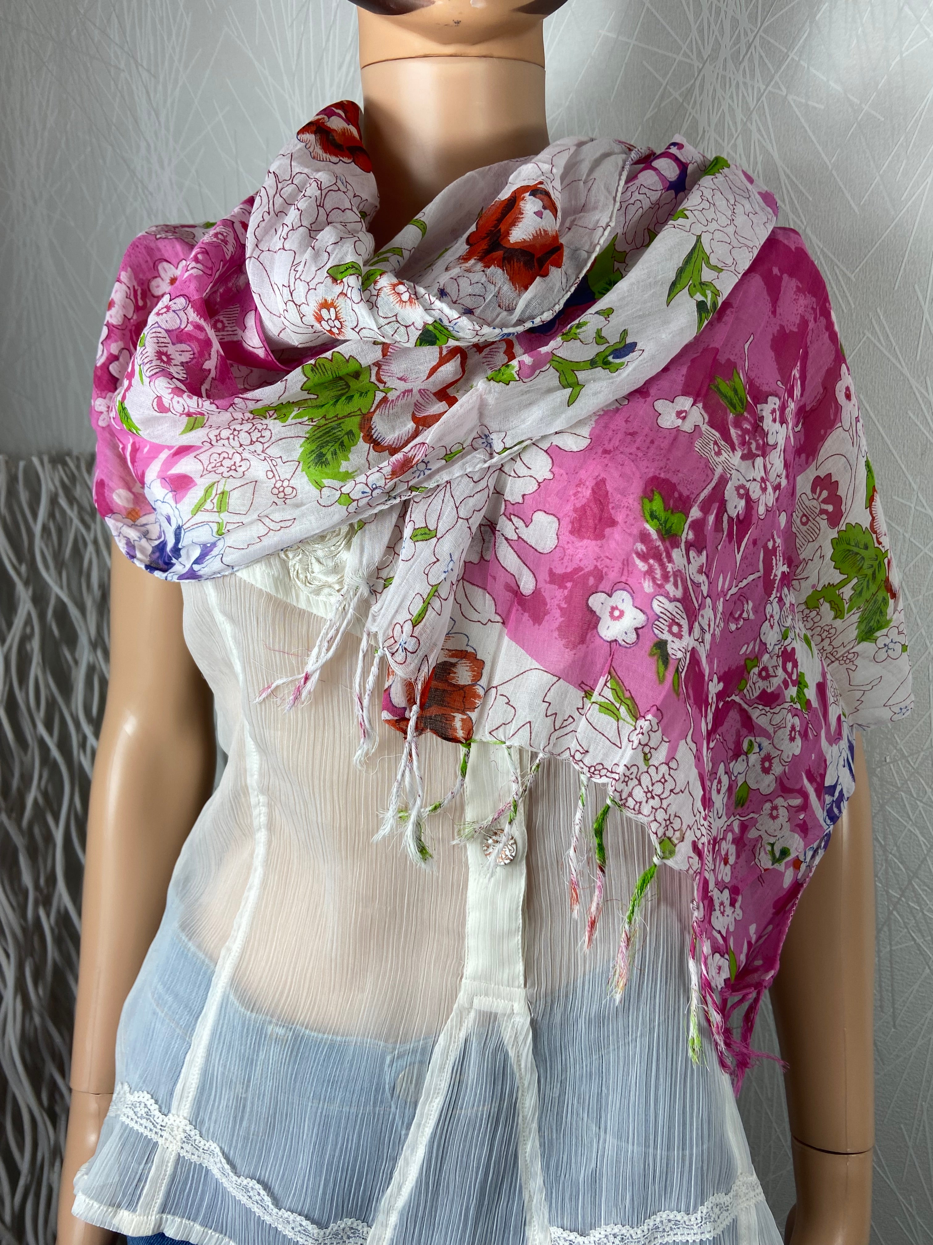 Foulard blanc motif fleuri multicolore coton