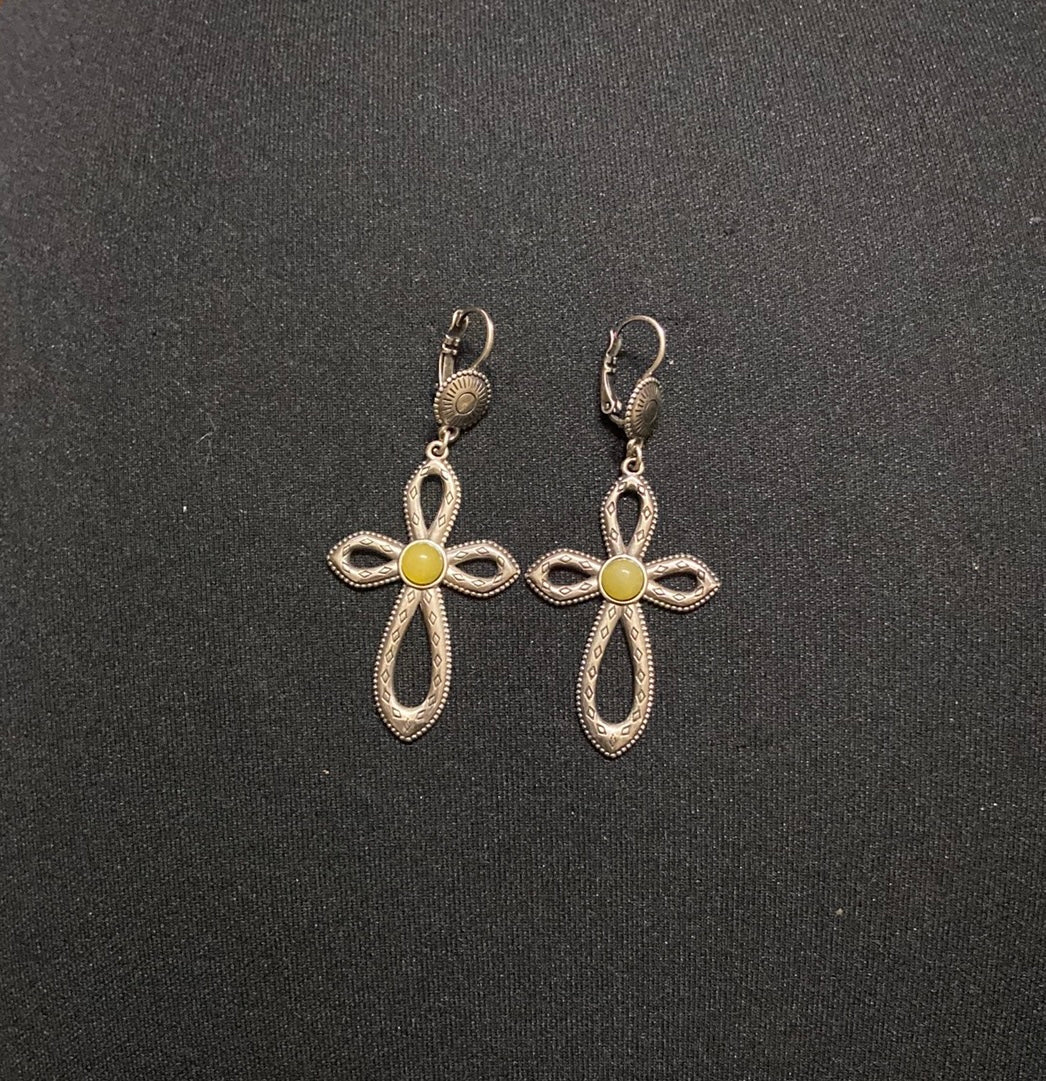 Boucles d’oreilles dormeuses pendantes plaqué argent pierre jaune Shabada