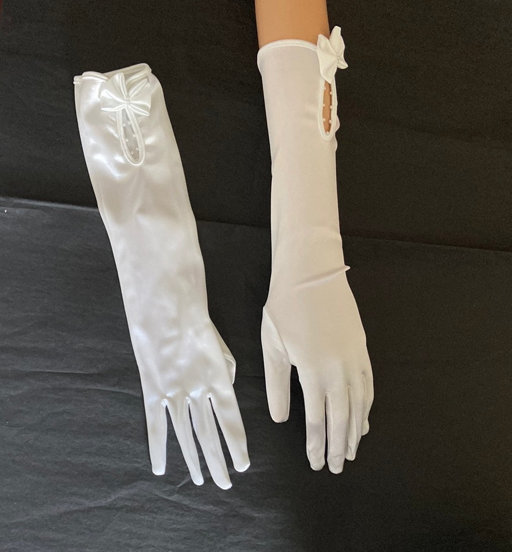 Gants blanc avec flot femme perles tissu satin fin mariage soirée événement