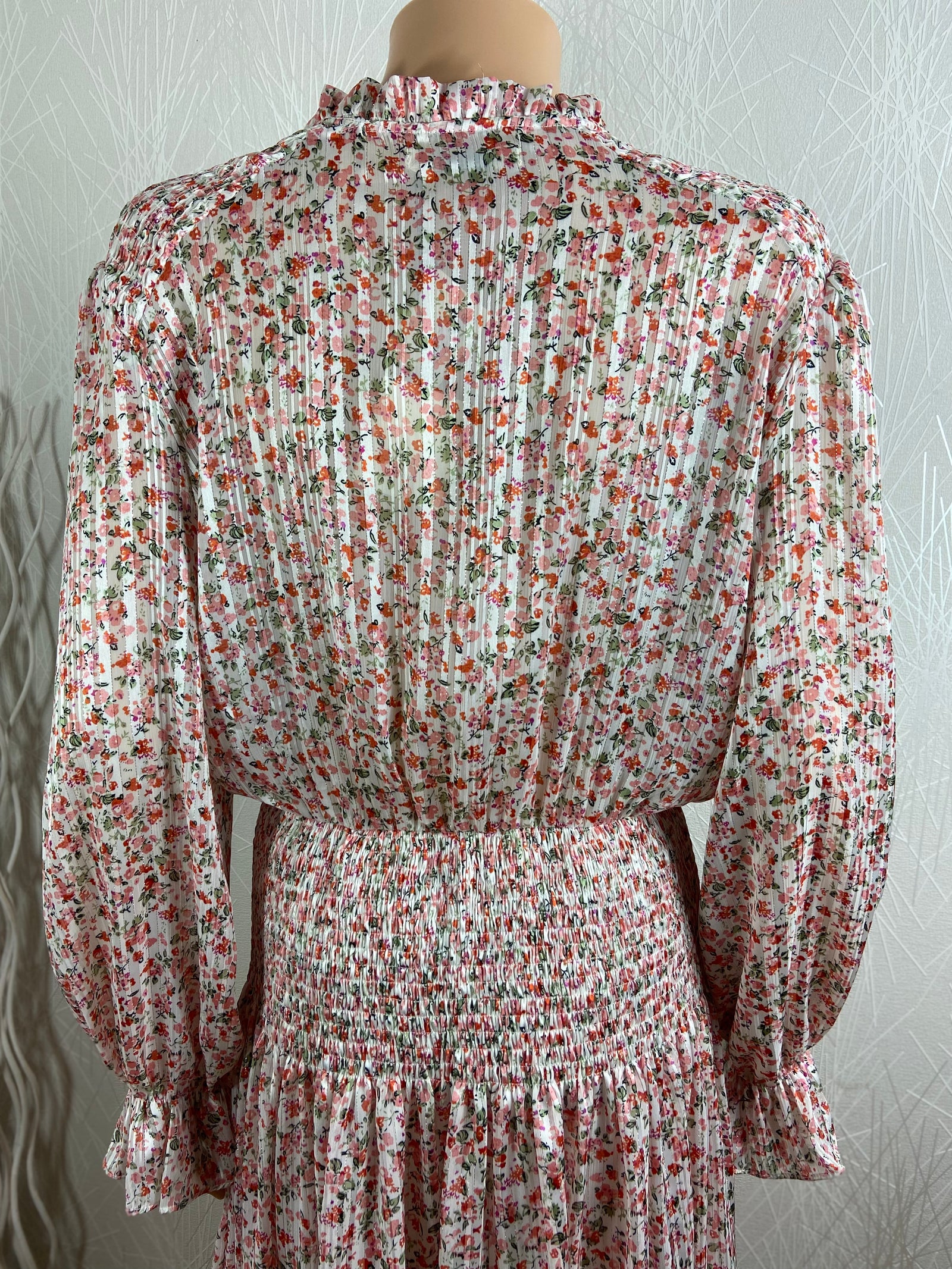 Robe rose midi doublée tissu fleurs manches longues smoks IVIVI - Offre-Unique