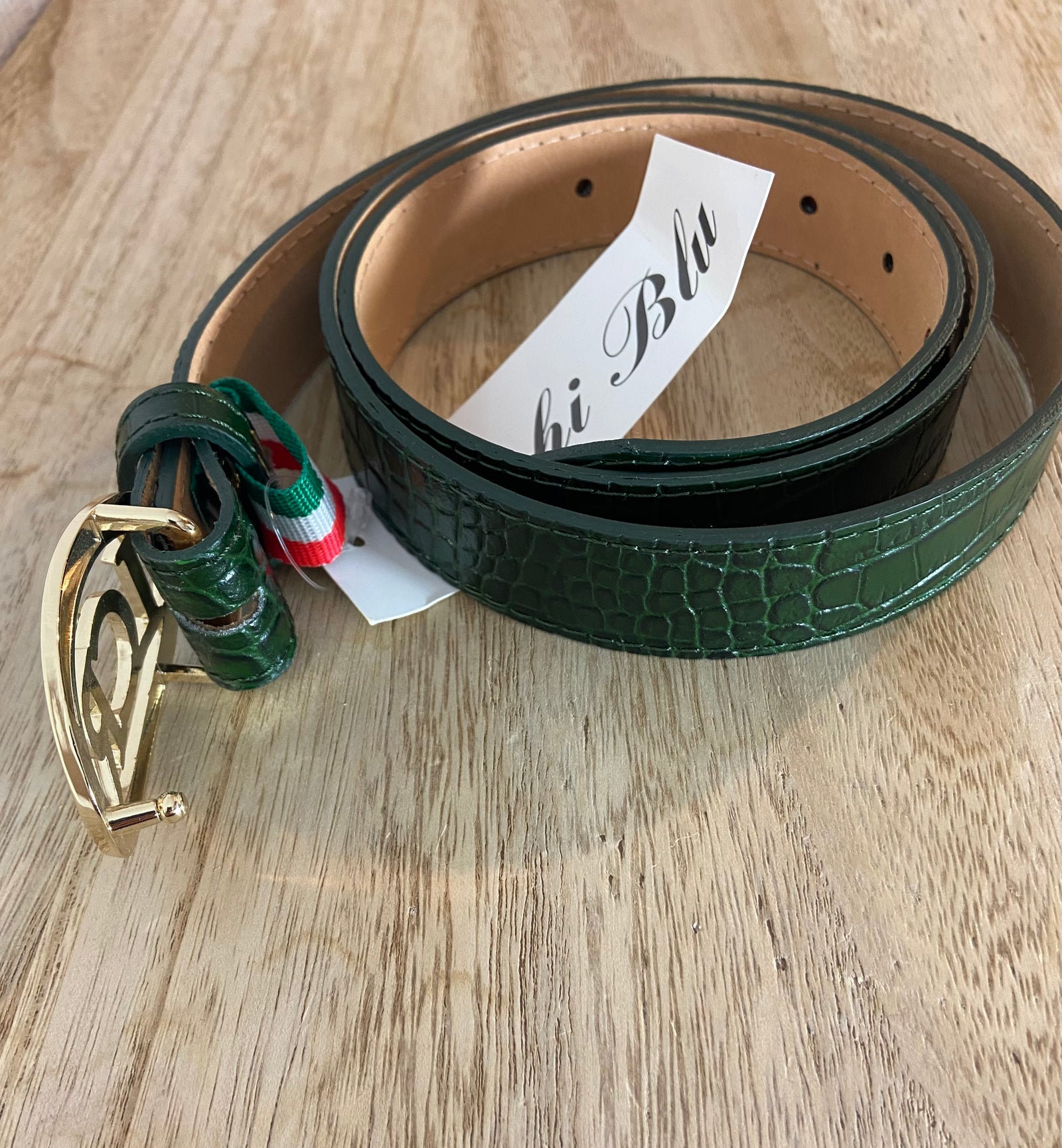 Ceinture en cuir kaki avec boucle dorée et strass Made In Italy - Offre-Unique