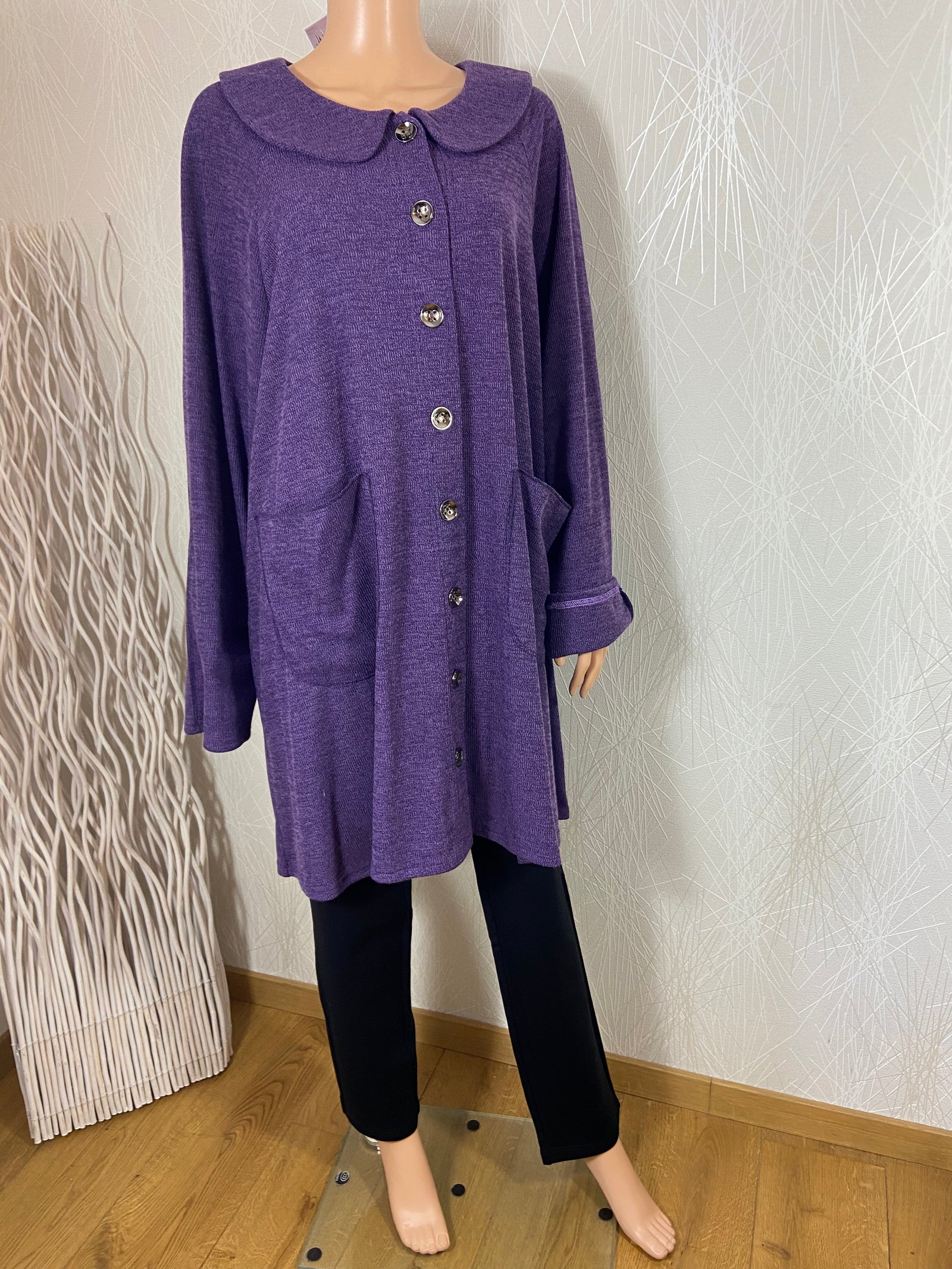 Gilet long violet col claudine grande taille Edmond Boublil - Offre-Unique
