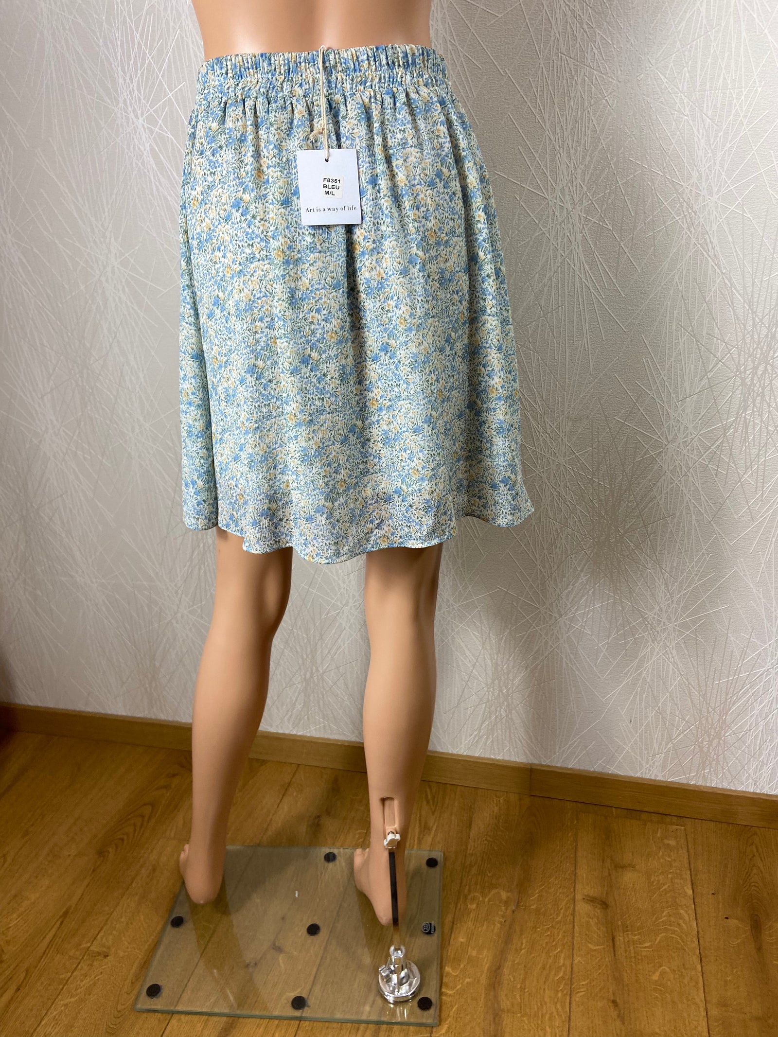 Jupe fluide bleue taille haute élastique plis Vintage Dressing