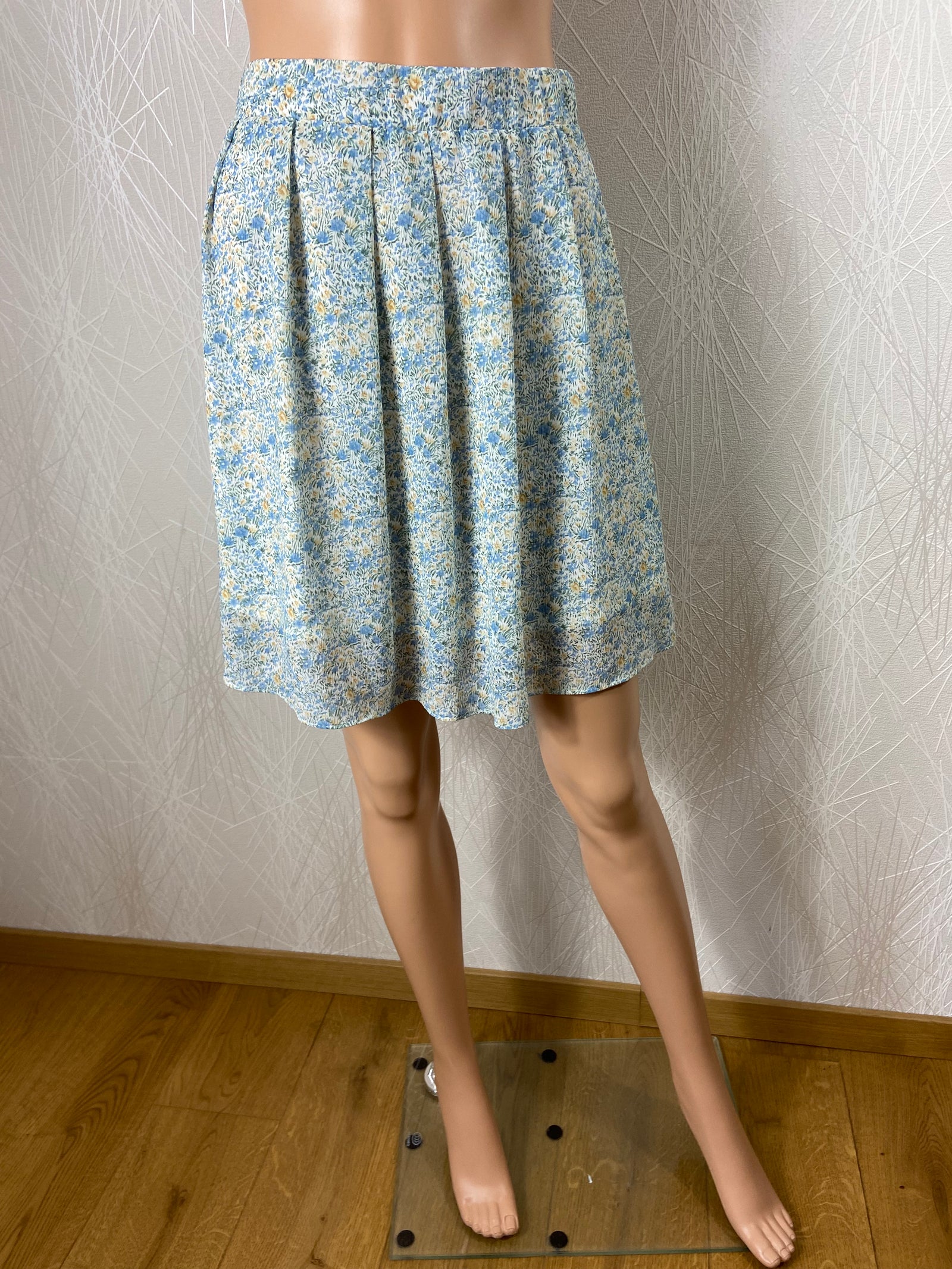 Jupe fluide bleue taille haute élastique plis Vintage Dressing