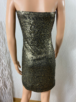 Robe doublée courte de fête bandeau sequins dorés près du corps